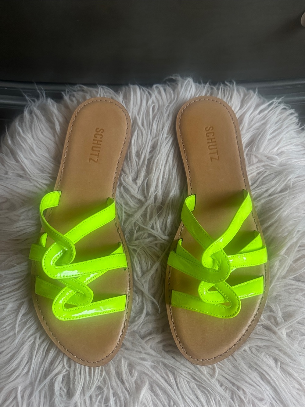 SCHUTZ Neon Yellow Green Patent Slide Sandals